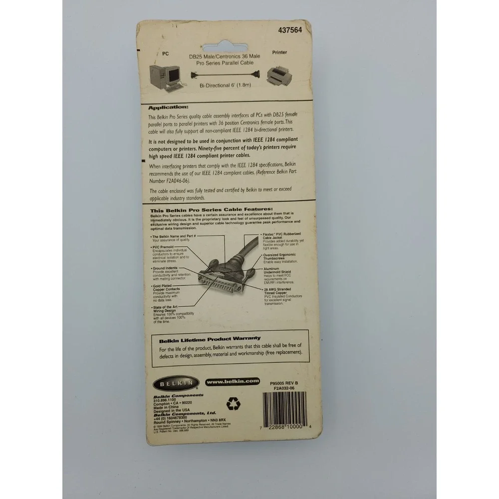 Belkin 6 Ft Parallel Printer Cable DB25 Male Centronics 36 PIN MALE Gray Bidirec